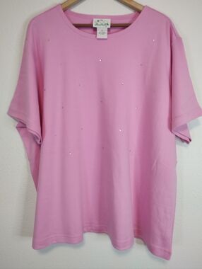 Quacker Factory Pink Rhinestone Embellished Short Sleeve Round Neck T-shirt 3X